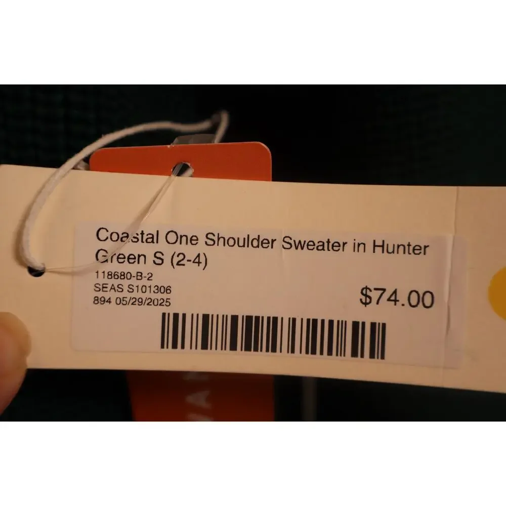 NEW 78&Sunny SEAS Coastal Hunter Green One Shoulder Ribbed Knit Sweater S